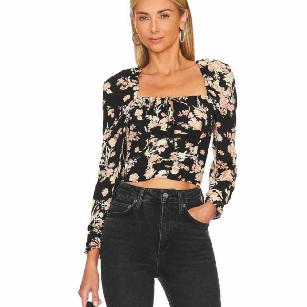Free People Hilary Printed Long Sleeve Casual Top Black Combo Size XS
